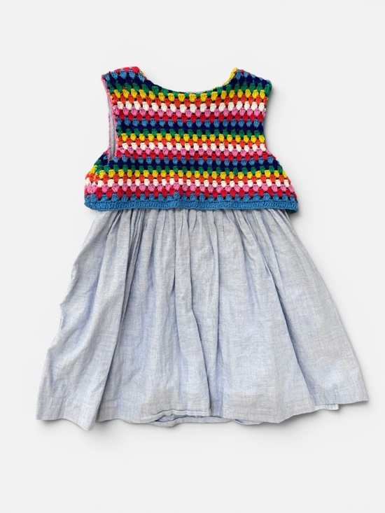 Mini Boden Other - Mini Boden Multicolor Crochet Bodice Light Blue Chambray Skirt Dress size 4/5